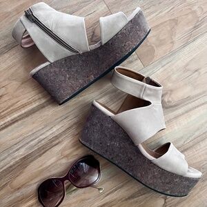 Coclico Women's Sandals Size 8 Gray/Taupe Suede Ankle Wedge Platform Zip Close